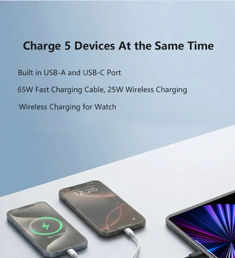 Une élégante batterie externe noire à semi-conducteurs avec charge sans fil magnétique et des ports intégrés USB-A et USB-C pour une charge filaire rapide de 65 W.