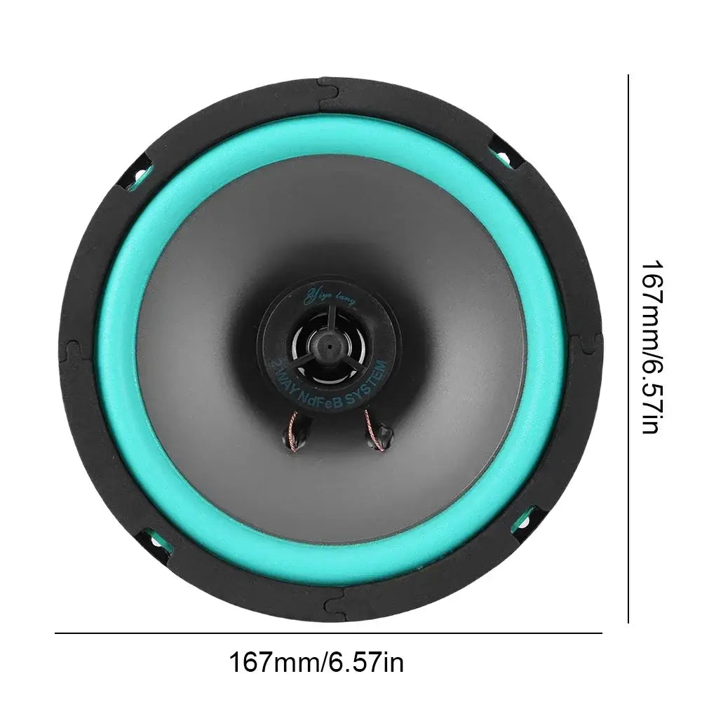 Car speakers universal hifi coaxial subwoofer audio stereo featuring black and teal 6.5-inch circular speaker with black cone, vibrant turquoise ring, and central dust cap branded yoga lany.
