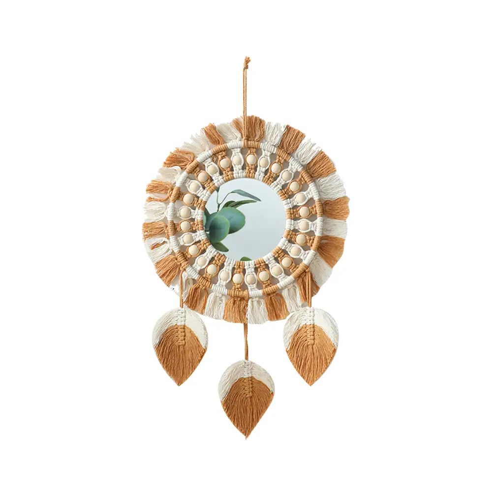 Boho macrame wall mirror with a beige and white woven frame, wooden beads, tassels, and three leaf-shaped hanging ornaments designed for living room home decor.