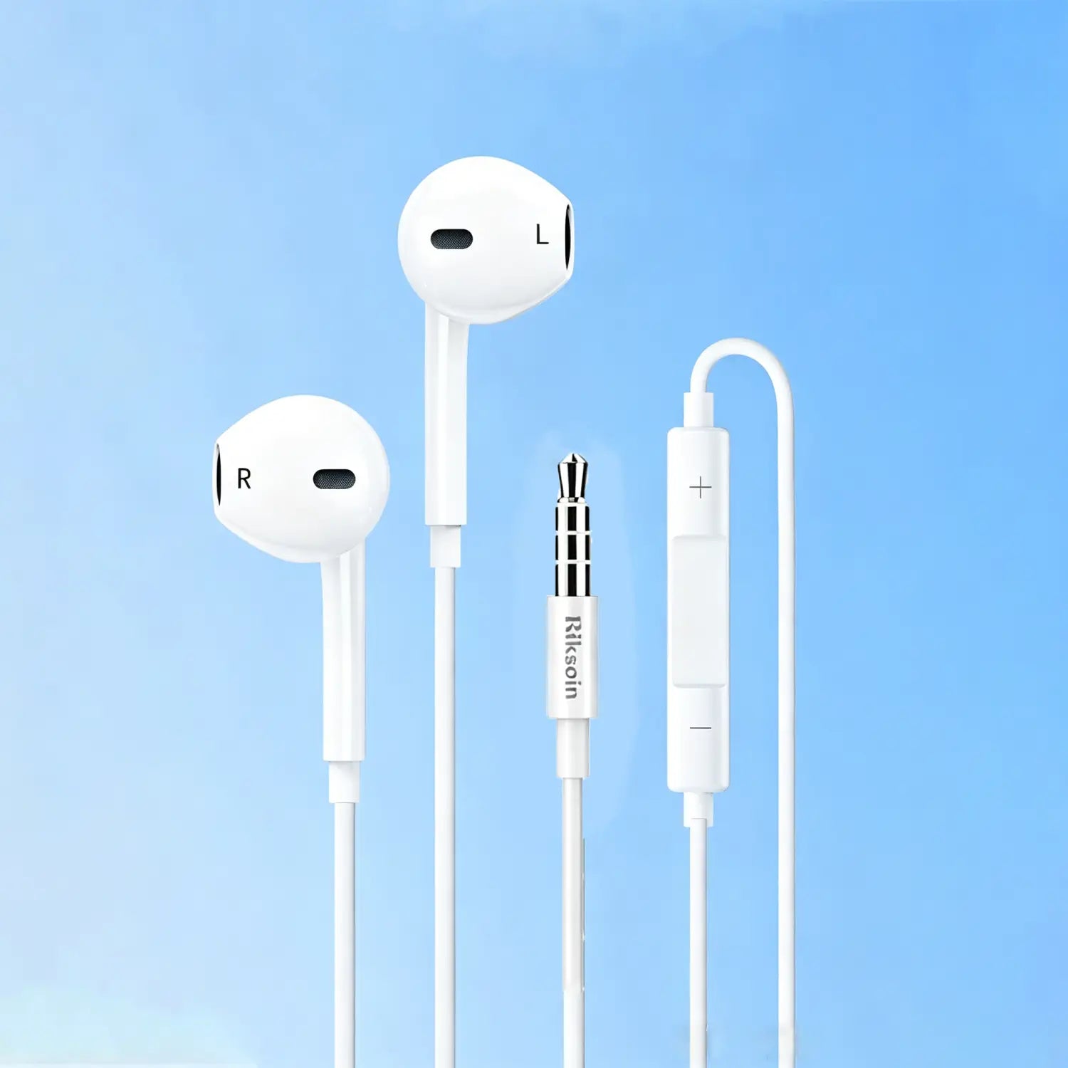 White Riksoin wired USB C in-ear headphones with a sleek minimalist design, 3.5mm audio jack, and volume control buttons.