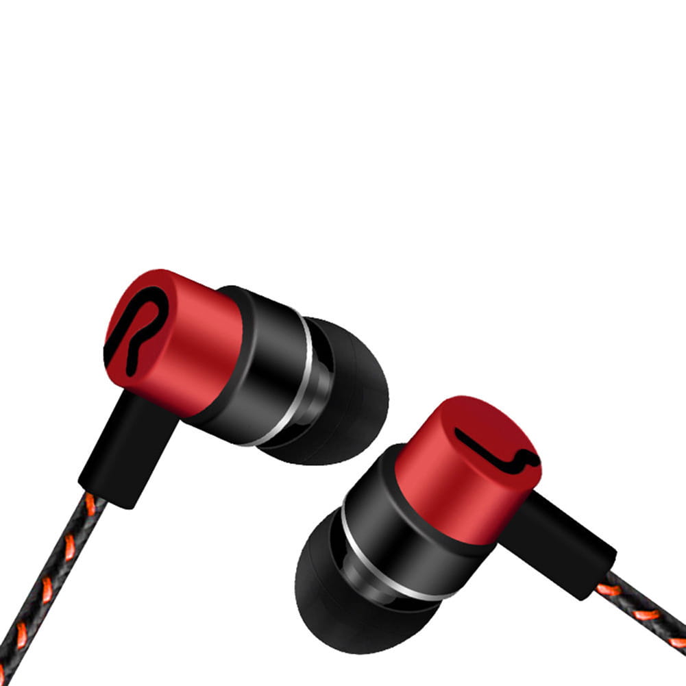 Red and black 3.5mm wired in-ear bass stereo earphones with a braided cable featuring orange accents.