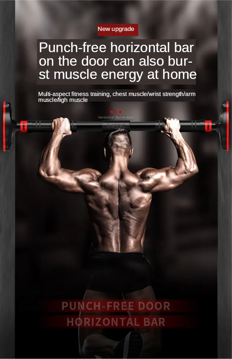 Barre de traction pour porte ajustable pour le fitness à domicile, présentant une barre horizontale noire et rouge sans perforation, avec des extrémités réglables pour un montage sécurisé.