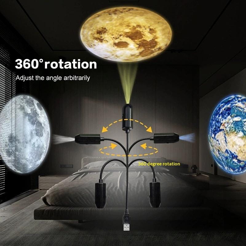 lampe multi-projecteurs noire élégante à plusieurs projecteurs avec bras flexibles conçue pour projeter des images réalistes de la Lune et de la Terre sur les murs ou les plafonds, à la fois comme veilleuse et comme lampe de projection