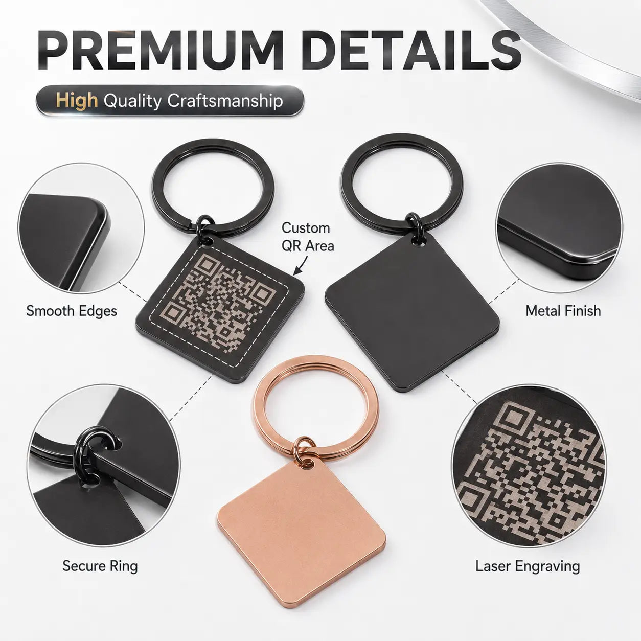 Black and rose gold square custom QR code metal keychains with smooth finishes featuring personalized engraved gift options.