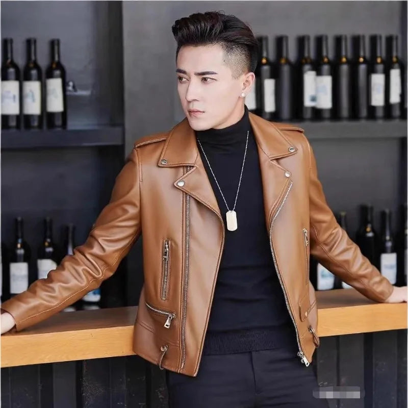 Printed Leather Jacket for Men in Spring Autumn with Lapel Zipper Trend Fashion Loose Casual Pu Leather Jacket
