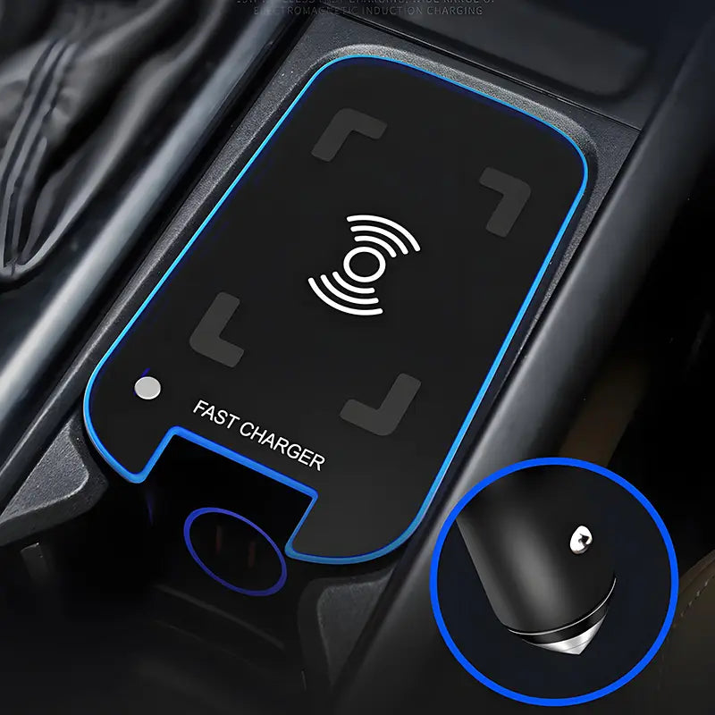 black rectangular wireless car charger with blue led border and white fast charger text featuring magnetic induction charging symbol designed for volvo xc90 xc60 vehicles