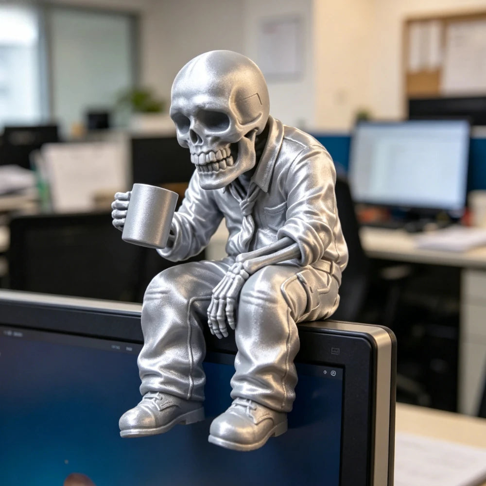 Gothic Eerie Office Worker Skeleton Miniature Figurine Seated Coffee Drinking Skull Desk Ornaments Humor Home Office Decor Gifts