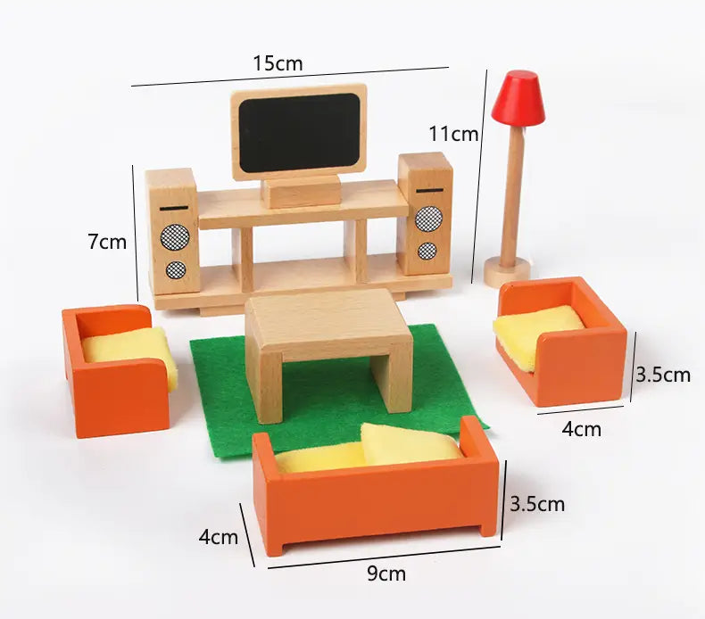 Holz-Puppenhaus-Möbelset mit orangenen Holzteilen, gelben Kissen und einer roten Lampe, entworfen als Miniaturspielzeug für Kinder.