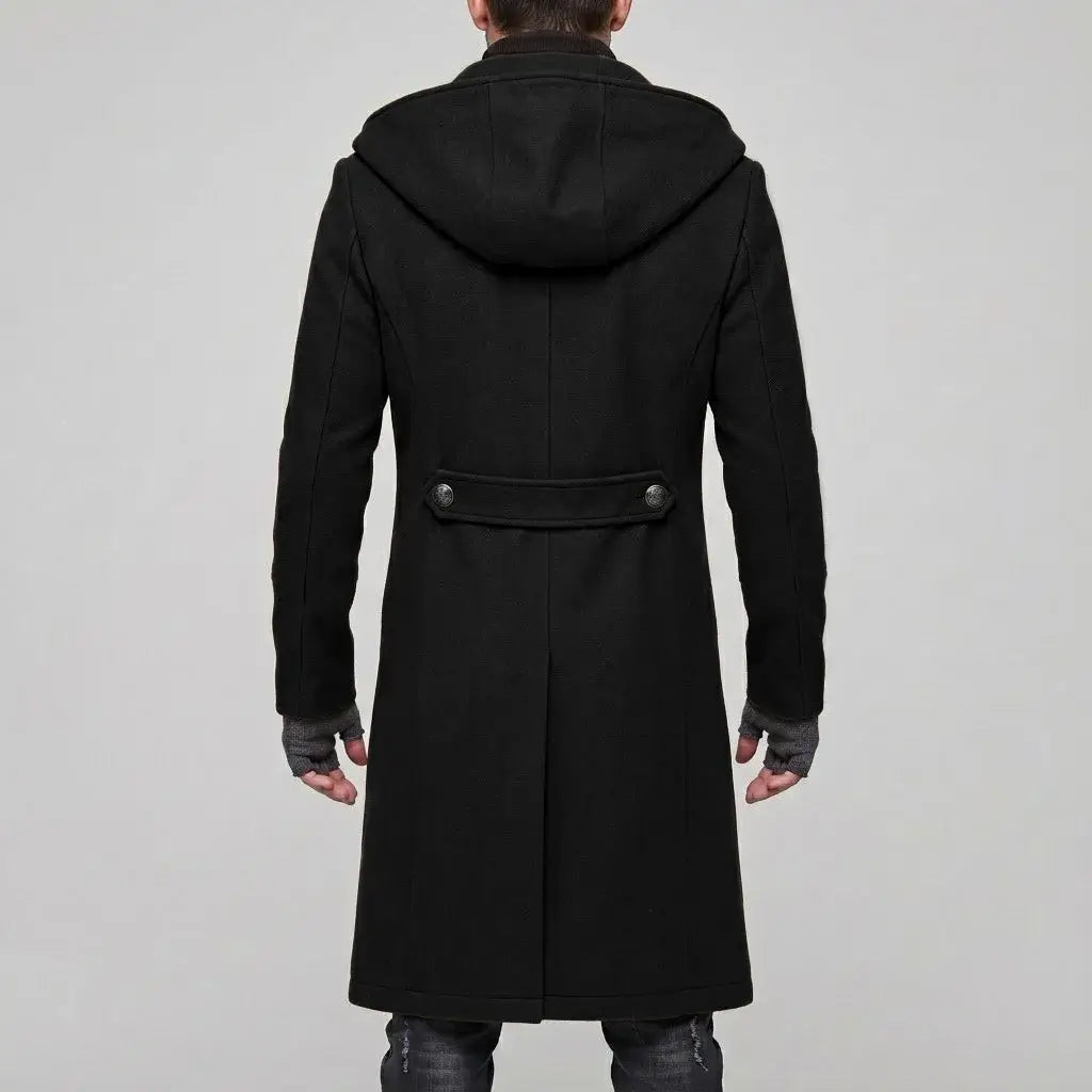 Abrigo de lana negro de doble botonadura con capucha y diseño de doble fila de botones, con botones decorativos en la cintura, para el abrigo tipo gabardina con capucha de lana marrón para hombre y el estilo de moda urbana Y2K.