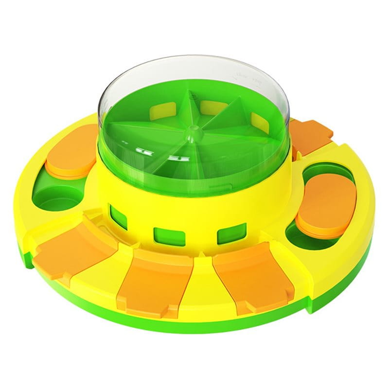 Bright yellow and green plastic slow feeder dog puzzle with orange paw-shaped levers designed as a dry food feeder dispenser.