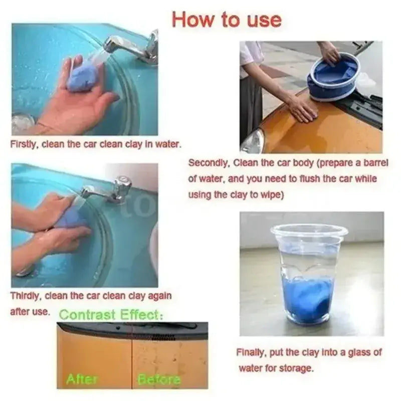 Blaue Autoreinigungsknete, hergestellt aus Material für einen Detail-Schwamm, eingetaucht in eine klare Plastikkpälchen/Schale mit Wasser zur Wartung der Fahrzeugoberfläche.