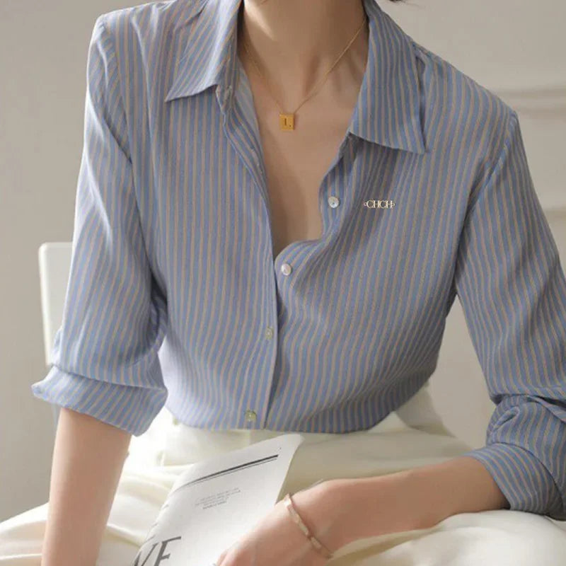 Long Sleeved Women's Shirt New Popular Classic High Grade Female Shirt Vintage Elegant Stripe Versatile Office Lady Fashion Tops