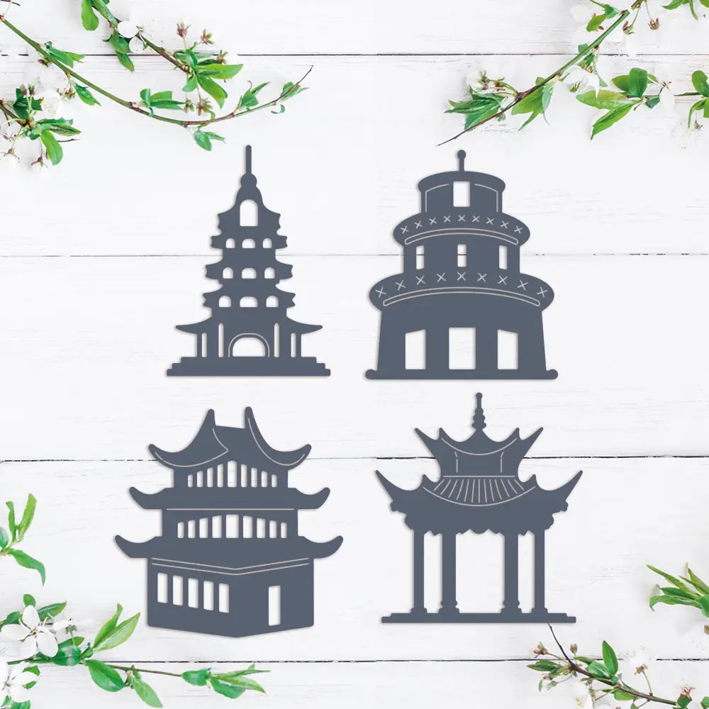 Set of four dark gray metal cutting dies featuring traditional Chinese pagoda and pavilion designs for Chinese New Year crafting.