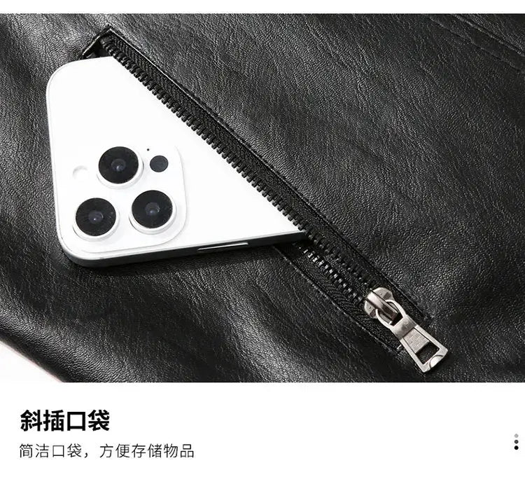 A men’s light green faux leather moto jacket pocket holding a white smartphone with a triple-camera system.