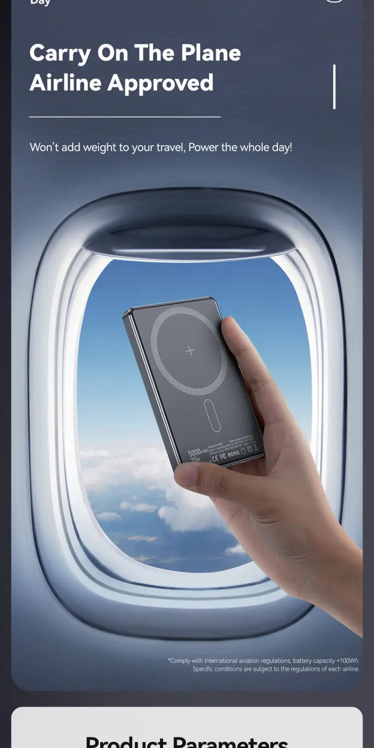Power bank inalámbrico elegante de color gris oscuro, con forma rectangular y almohadilla circular de carga magnética rápida, diseñada para una entrega de energía inalámbrica eficiente con capacidad de 5000 mAh.