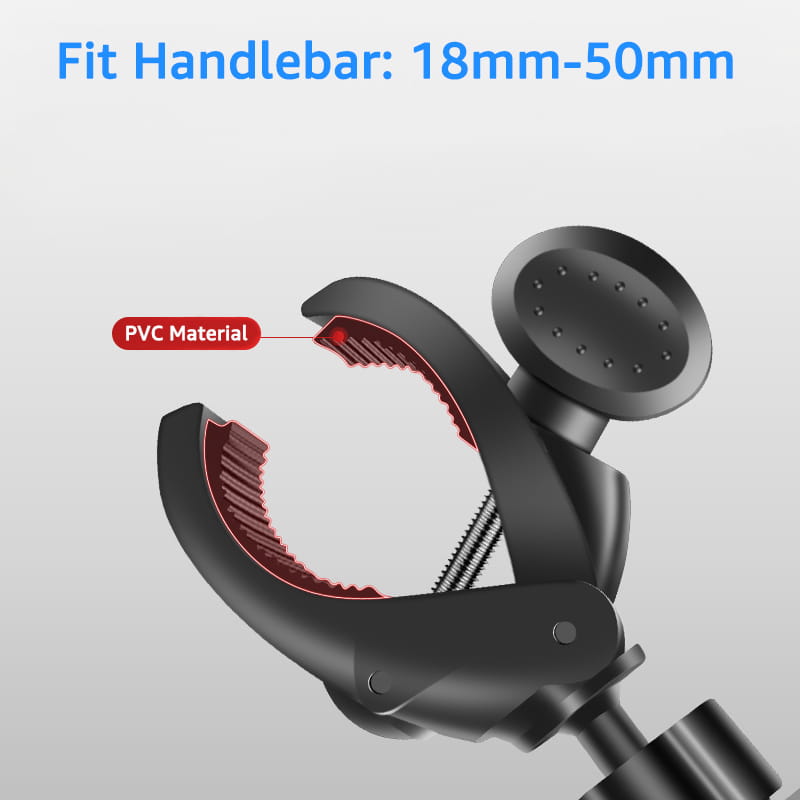 Abrazadera para manillar de PVC negro con dientes interiores rojos y pomo circular de ajuste para soporte universal de GPS para teléfono de bicicleta.