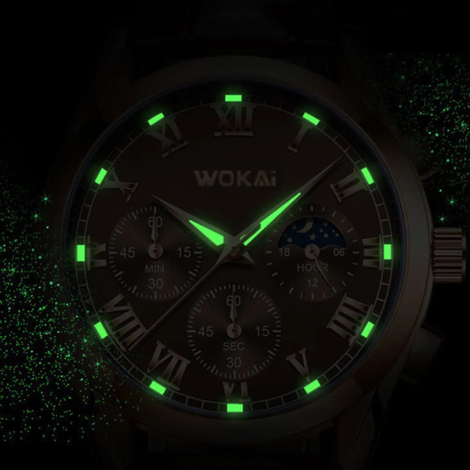 Herren-Quarz-Leder-Geschäftsuhr mit einem leuchtend grünen Wokai-Chronographen, dunklem Zifferblatt, römischen Ziffern und mehreren Hilfszifferblättern.