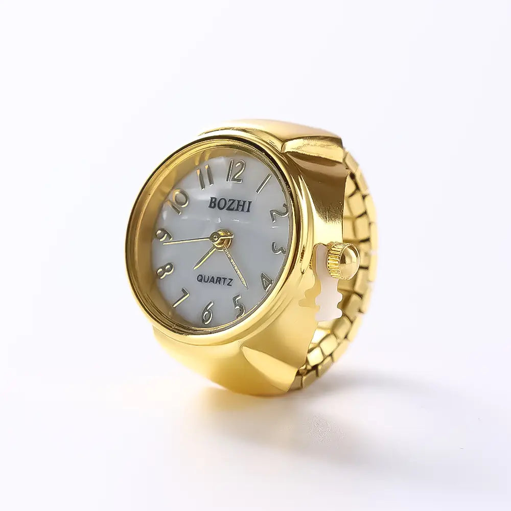 Gold-toned bozhi quartz ring watch with a white dial and black numerals designed as unisex finger jewelry gift.