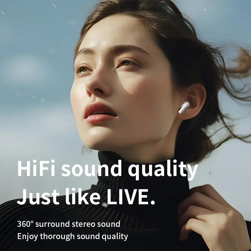 White chuban wireless earbud with a sleek minimalist design worn in the ear featuring active noise cancelling technology.