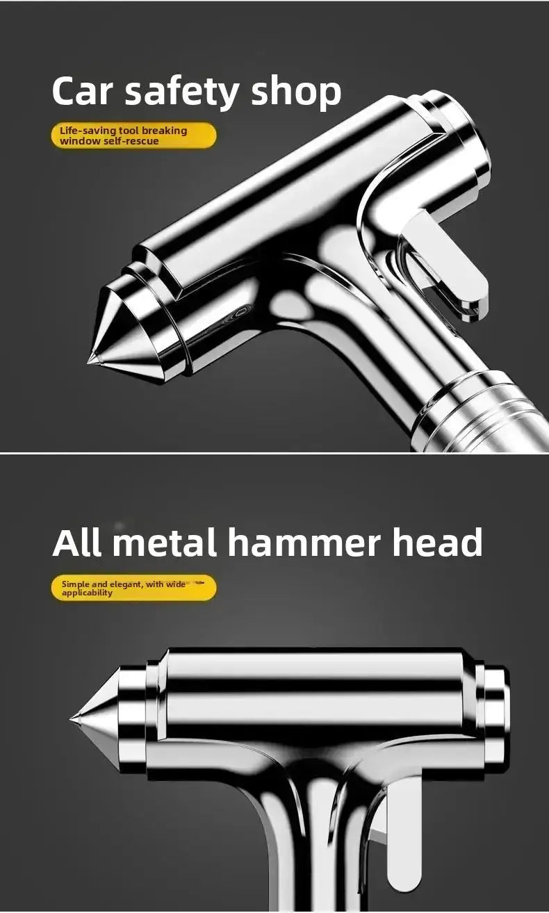 Shiny chrome-finished all-metal hammer head of a car safety hammer and seat belt cutter designed for car window self-rescue.