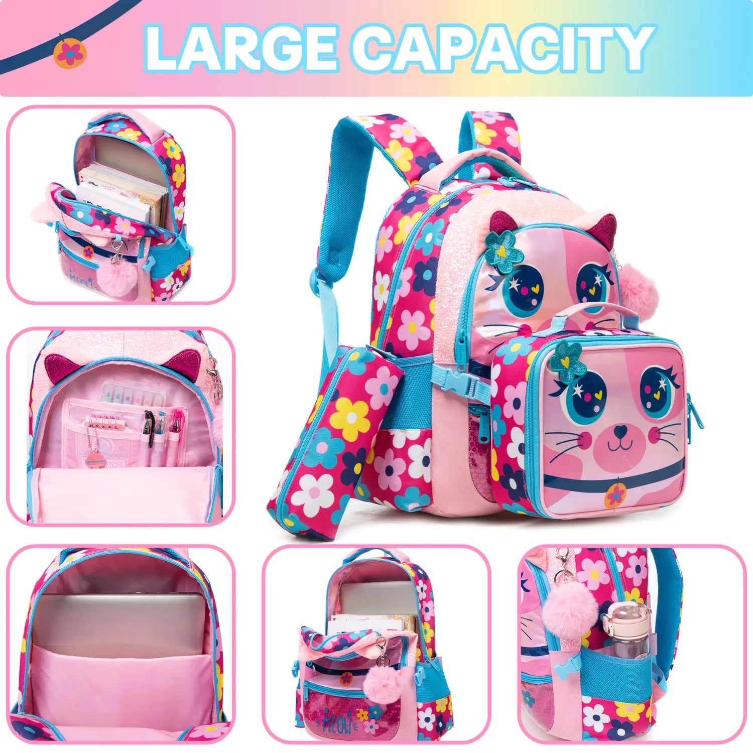Schulrucksack-Set für Meerjungfrauen-Mädchen mit Lunchbox, mit einem rosa Blumenmotiv-Katzenrucksack mit blauen Akzenten und einer passenden Lunchbox, ideal für die Nutzung in der Schule