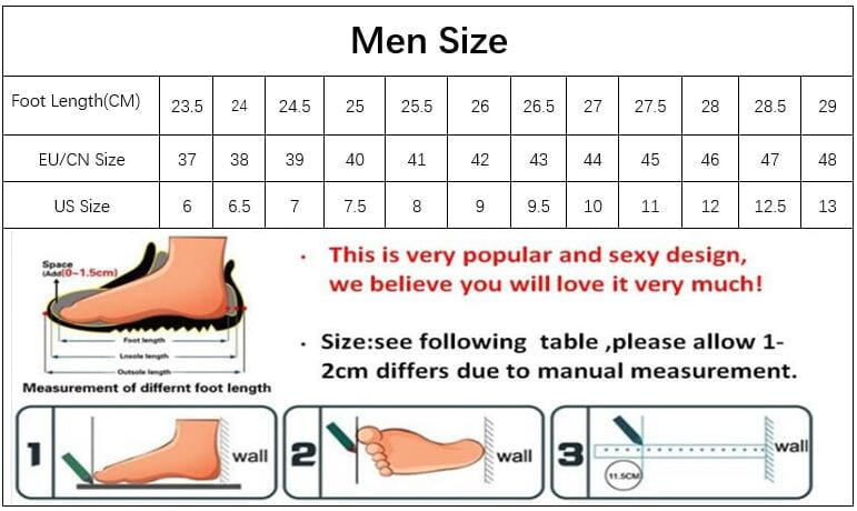 Baskets décontractées en toile pour hommes, chaussures d’été légères pour la pointure des hommes, tableau des tailles avec mesures et recommandations pour la longueur du pied.