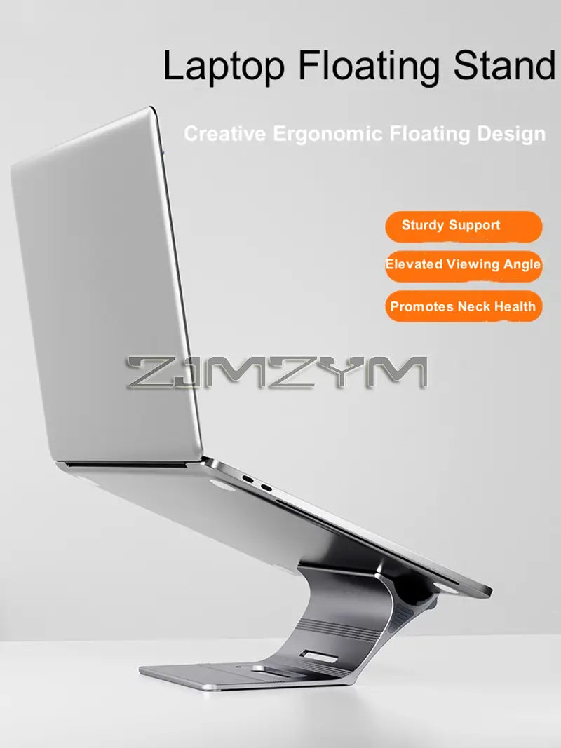 silver aluminum laptop stand with adjustable floating design and sleek ergonomic desk holder