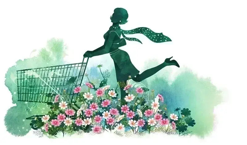 A stylized illustration of a woman in silhouette wearing a dark green short sleeve round neck casual top with a polka dot scarf.
