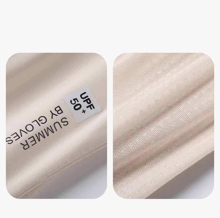 Gants de cyclisme pour femmes de couleur beige en maille, assurant une protection contre les UV, avec l’étiquette « Summer » par Gloves et une note UPF 50+.