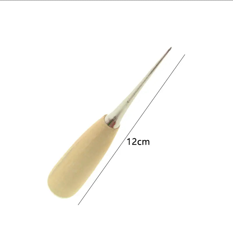 Leather sewing awl with a cream-colored wooden handle and a slender metallic tip for crafting and punching leather measuring 12cm in length.