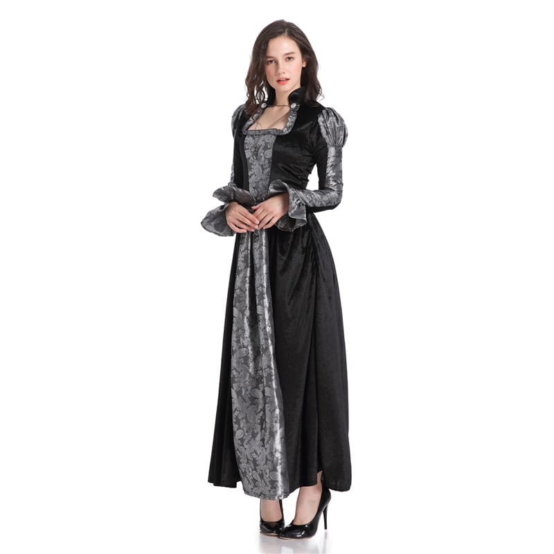 Elegant black and silver gothic vampire queen costume gown featuring damask velvet accents long sleeves and a high neckline.