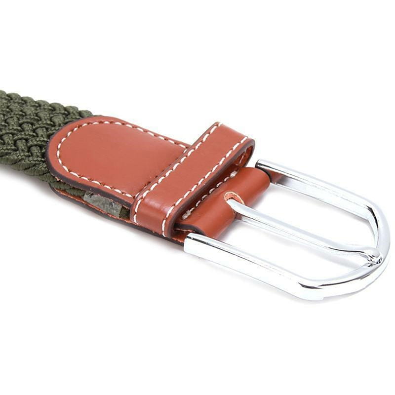 tactical canvas belt adjustable men outdoor waistband in olive green with woven design brown leather lining and silver metal buckle.