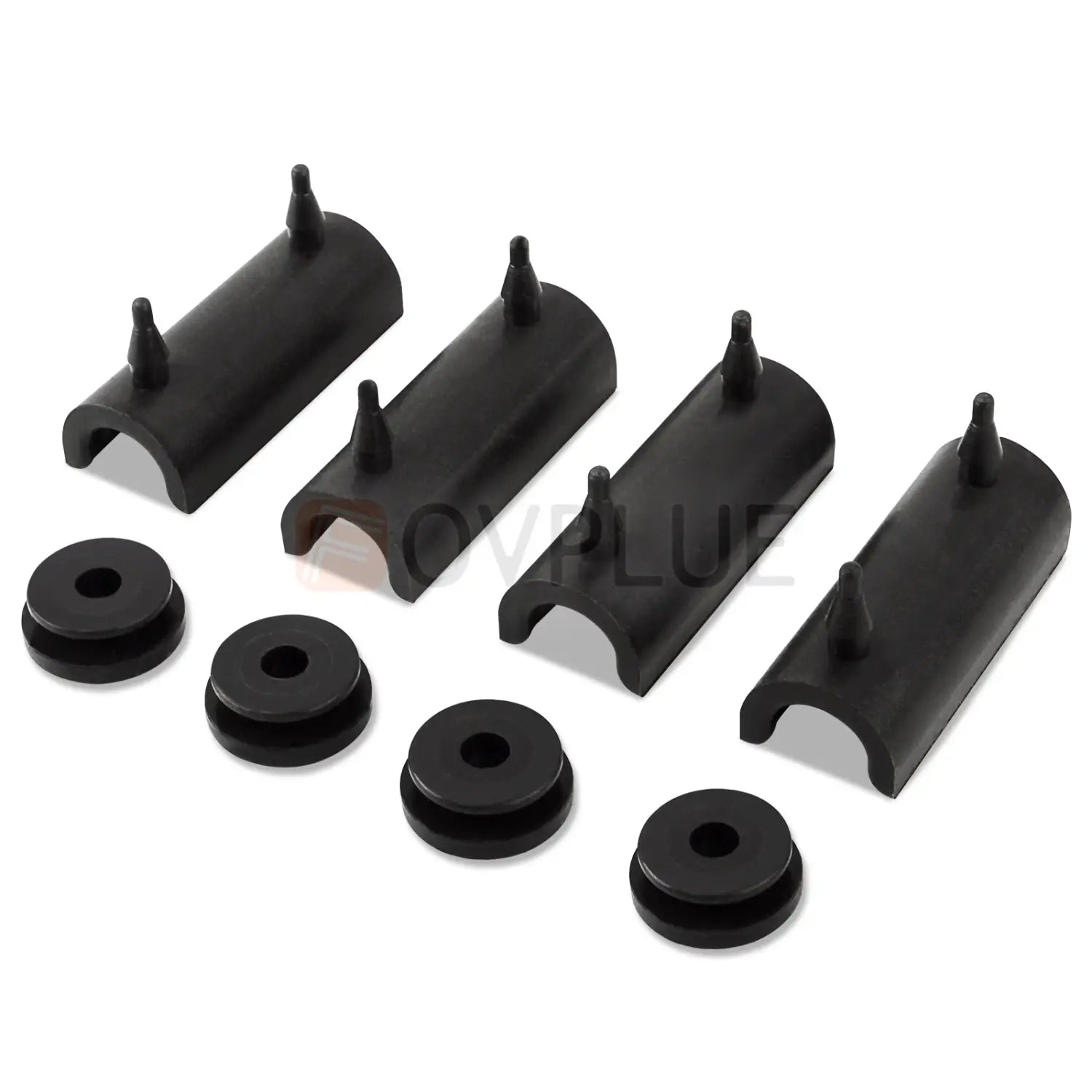 Set of four black rubber Harley touring saddlebag support grommets with integrated spikes and matching circular washers for 1993 and up models.