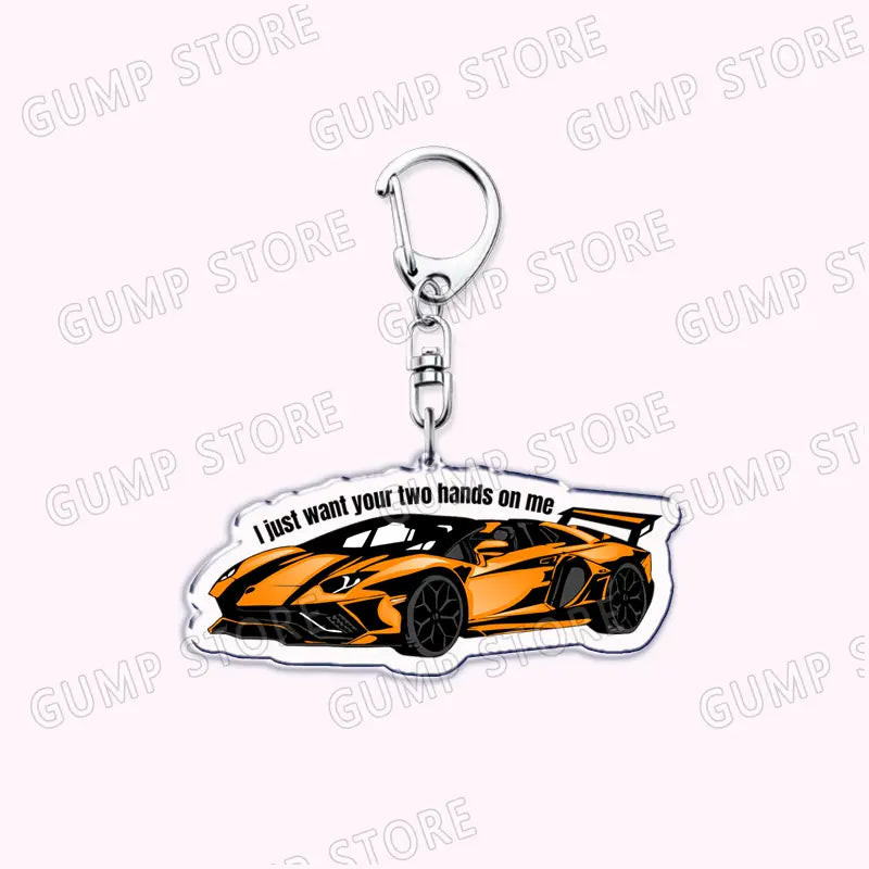 Orange and black Lamborghini sports car acrylic keychain with a silver metal clip designed as a Tate Mcrae music fan gift.