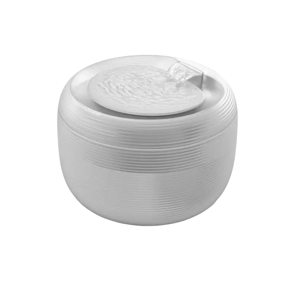 White ceramic water dispenser with textured lid and subtle ridges for cats and dogs with built-in led light