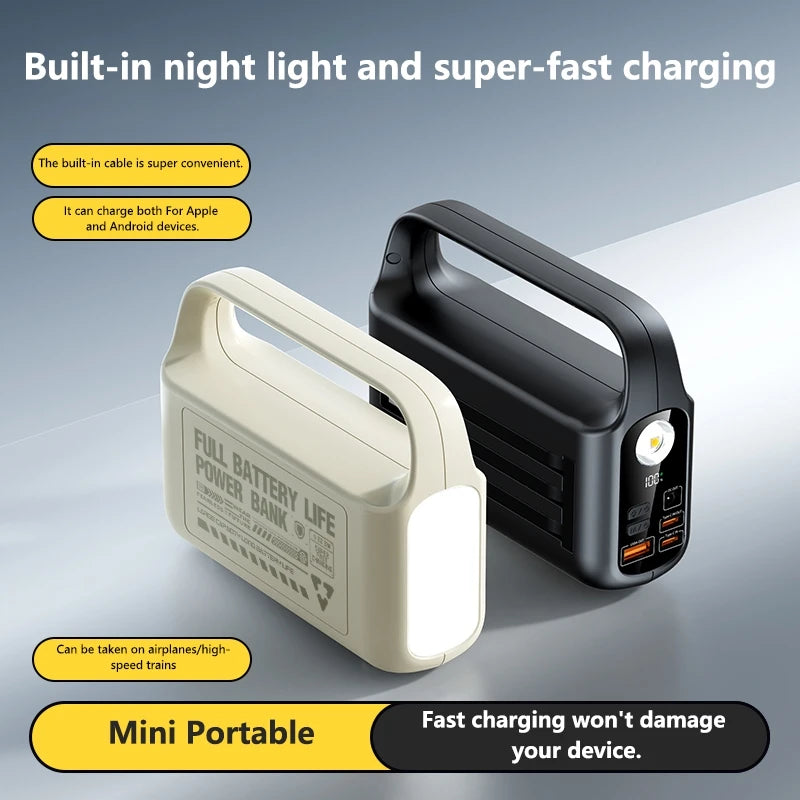 50000mAh Power Bank Large Capacity Portable Outdoor Emergency Power Supply Built-in Cable Camping Light For iPhone Xiaomi