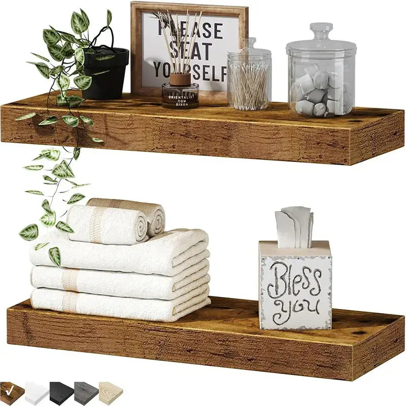 rustic wooden floating shelves with natural grain finish and visible knots for living room wood wall display