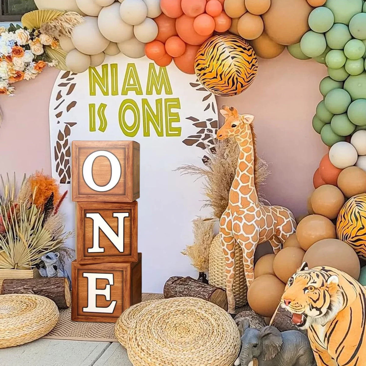First Birthday Balloon Boxes  3 Wood Grain Brown Blocks 1st Birthday Balloon Boxes Teddy Bear Birthday Party Decorations