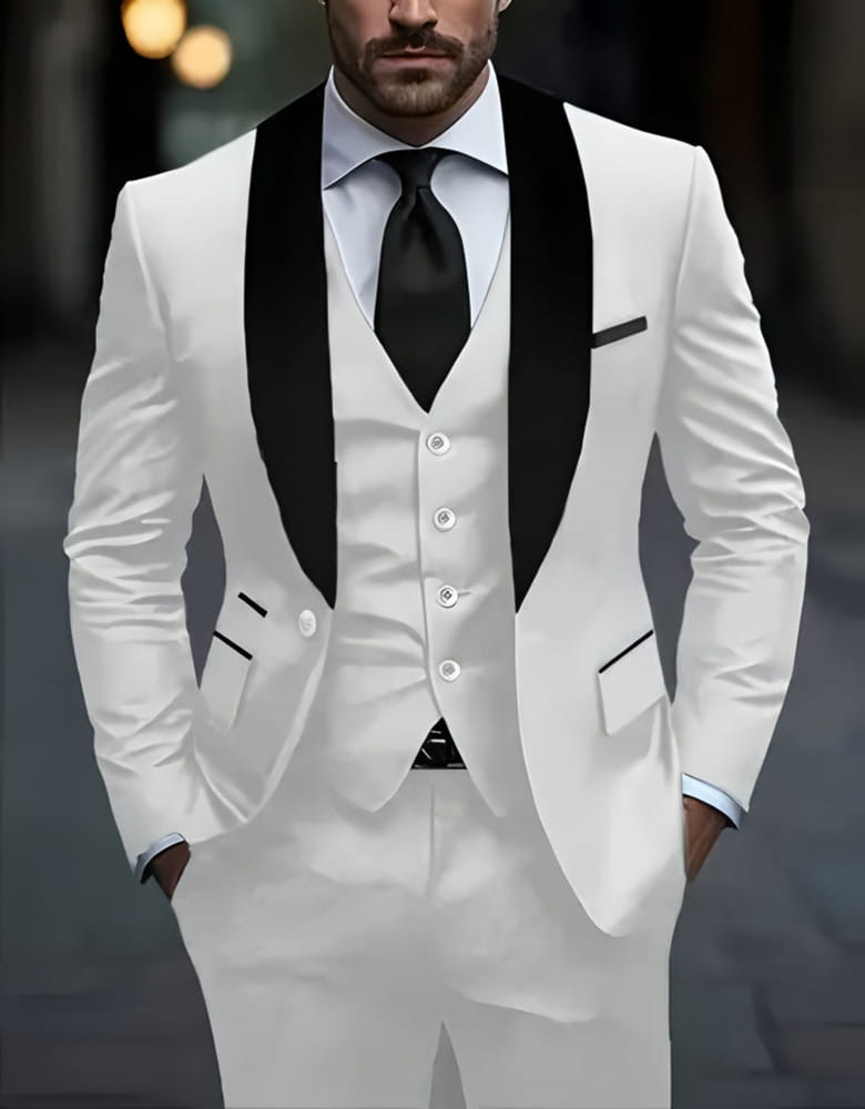 Smoking homme blanc slim fit avec revers en satin noir et gilet assorti, présentant un type de fermeture simple.