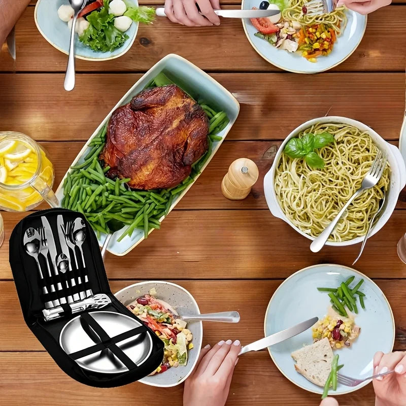 11pcs Stainless Steel Camping Cutlery Set Lightweight Outdoor Dining Tools Including Plates Forks Spoons for Hiking Travel