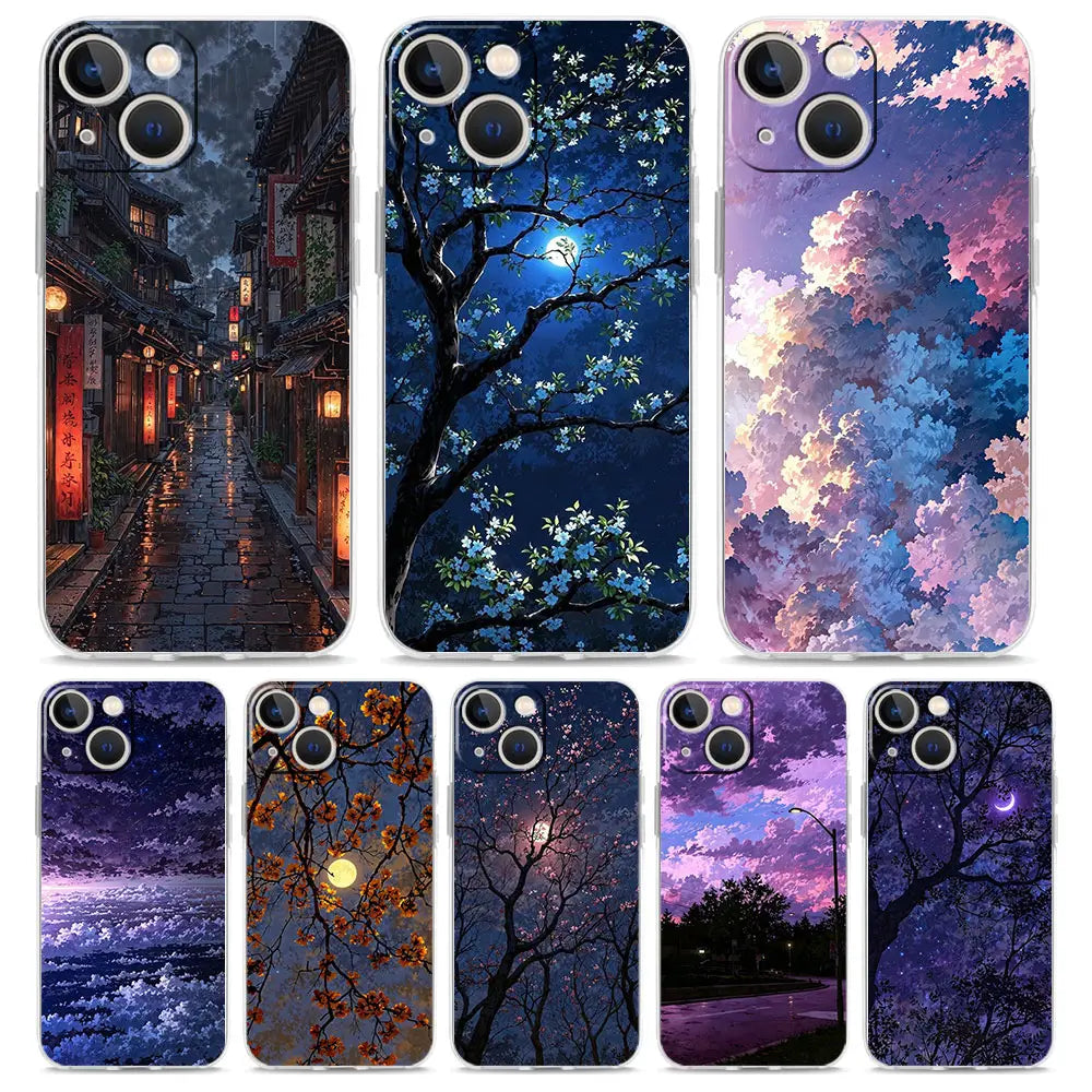 six transparent iphone cases featuring vibrant artistic night sky designs including a rainy alleyway moonlit cherry blossoms and dreamy purple skies shown from the back side
