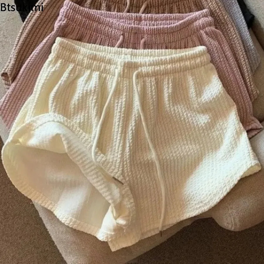 Summer Shorts Women's Waffle Sport Fitness Shorts Loose Casual Drawstring Wide Leg High Waist Short Pants Girls A-line Hot Pants