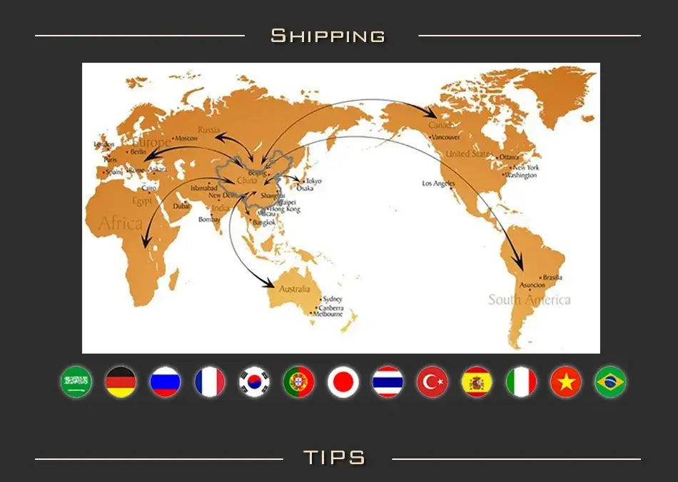Carte du monde orange avec des villes et des itinéraires d’expédition indiqués, illustrant la portée mondiale du produit de ceinture en cuir à boucle automatique au motif du drapeau américain.