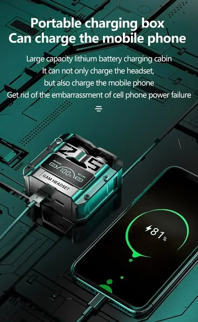 Estuche de carga portátil teal y negro con tapa tipo compuerta y pantalla digital que muestra 21,5 V, diseñado para la carga rápida de auriculares inalámbricos Bluetooth 5.3 para un uso duradero de teléfono móvil y auriculares