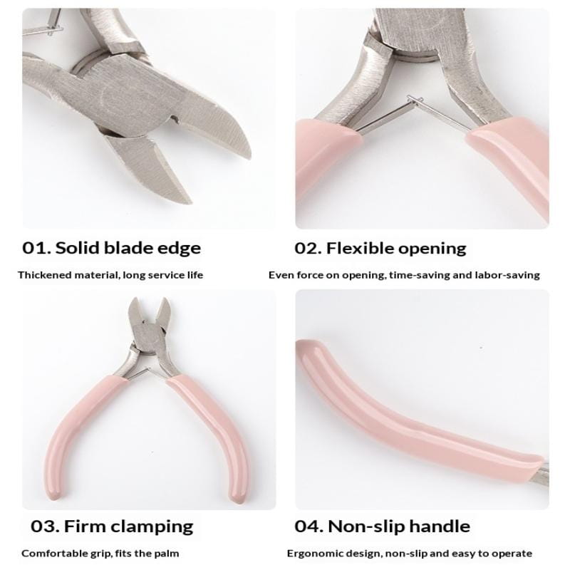 Ensemble d’outils de pinces à bijoux à poignées roses avec des coupe-ongles en acier inoxydable, ouverture flexible pour le travail et les réparations.