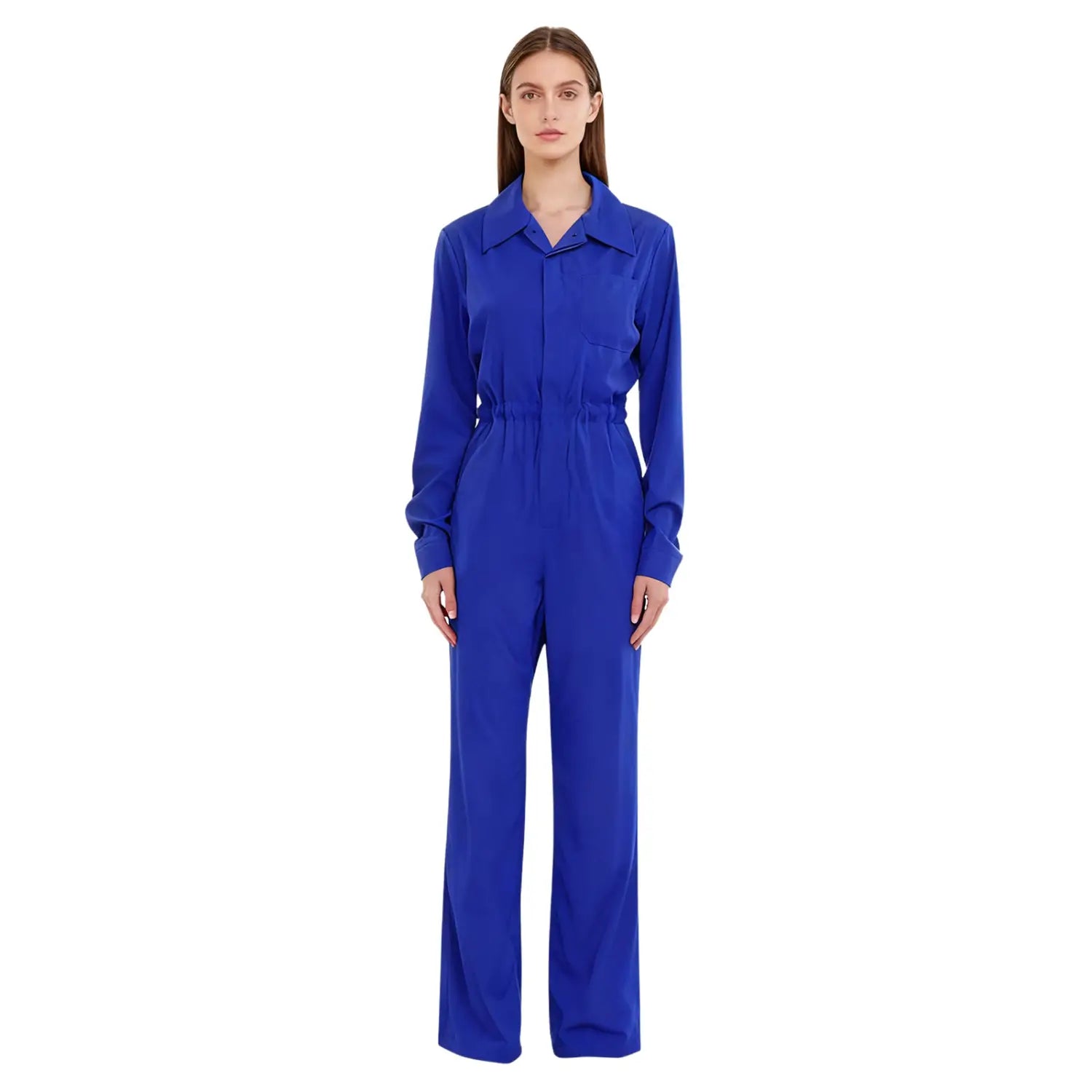 A vibrant royal blue long sleeve casual jumpsuit with a collared neckline and cinched waist.