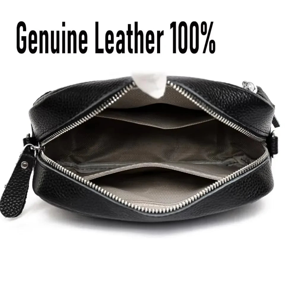 Genuine Leather Women Quilted Shoulder Bag Guitar Strap Zipper Sling Bag Casual Mobile Phone Pouch Handbag Purse Travel Work Bag