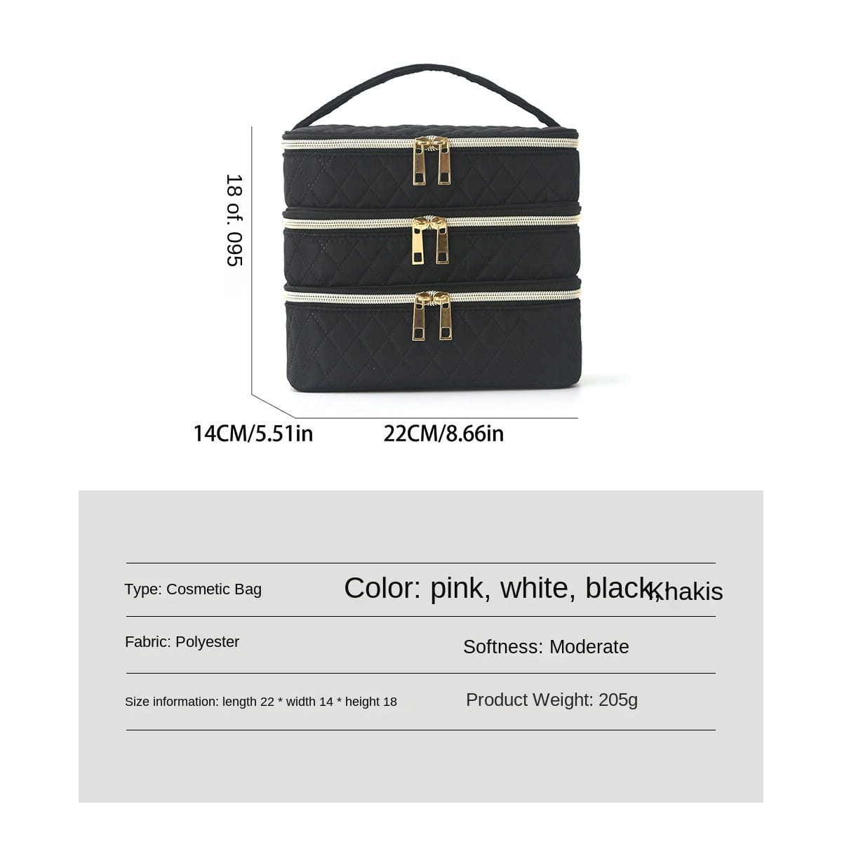 Estuche de maquillaje de viaje negro acolchado en tres niveles de poliéster con tres compartimentos apilados, cremalleras de tono dorado y asa superior.