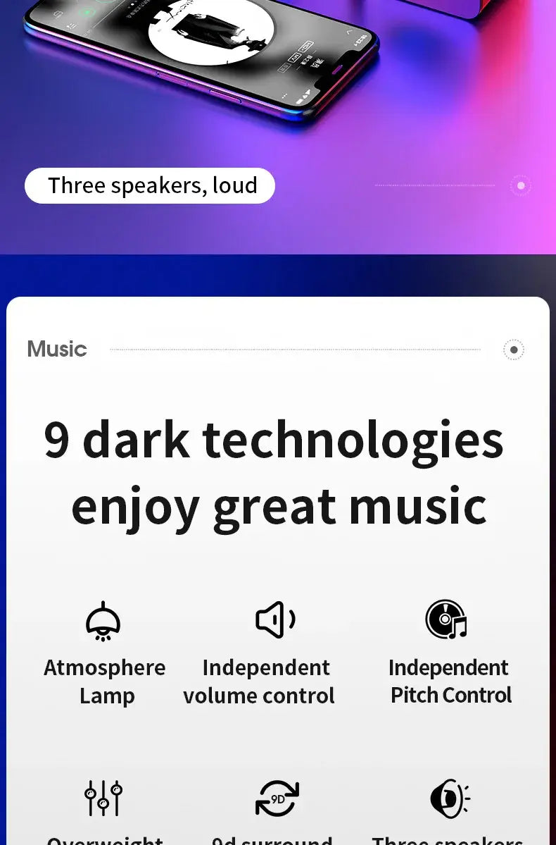 Système d’enceinte de jeu Bluetooth noir élégant avec caisson de basses à DEL, finition brillante et bords incurvés affichant des effets d’éclairage lumineux violet et bleu sur son écran.