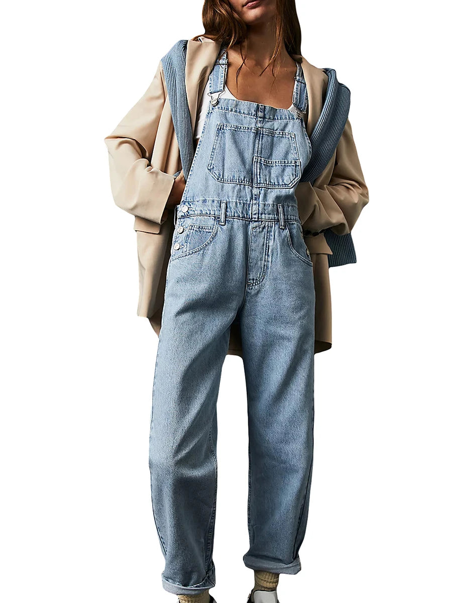 Women Denim Bib Overall Casual Adjustable Strap Denim Jumpsuit Loose Fit Straight Leg Overall Jean Pants Streetwear
